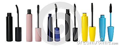 Set with different mascaras on white background. Banner design Stock Photo