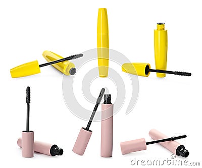 Set with different mascaras on white background Stock Photo