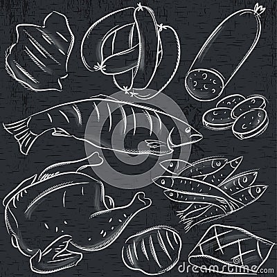 Set of different meats on blackboard Vector Illustration