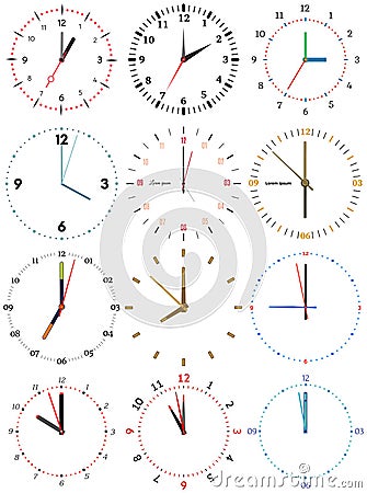 A set of different mechanical clocks with an image of each of the twelve hours Vector Illustration