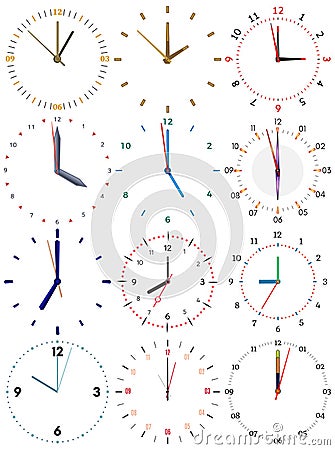 A set of different mechanical clocks with an image of each of the twelve hours Vector Illustration