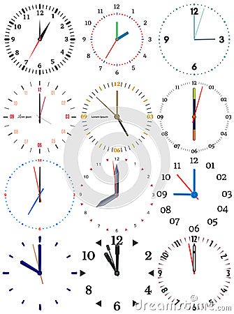 A set of different mechanical clocks with an image of each of the twelve hours. Vector Illustration