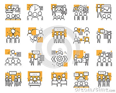 Set of different meeting icons: meetings, brainstorm, group team people, conference, leader, discussion Vector Illustration