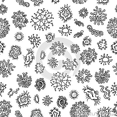 Set of different microorganisms seamless pattern background. Collection of infectious germs, protists, microbes. Bundle Vector Illustration