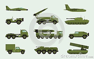 Set of different military transport. Modern equipment collection fighting machine, air defense, car, truck, tank Vector Illustration