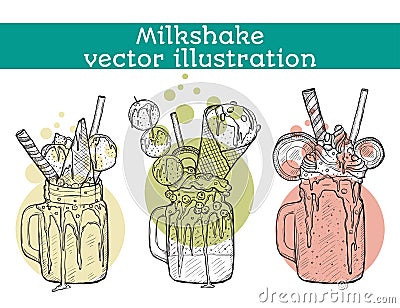 Set of different milkshakes. Chocolate, strawberry, vanilla and candy milkshakes. Vector sketch illustration Vector Illustration