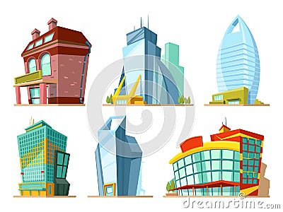 Set of different modern buildings in cartoon style Vector Illustration