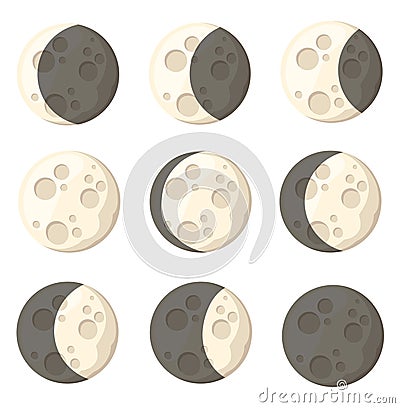 Set of different moon phases space object natural satellite of the earth vector illustration isolated on white background web site Cartoon Illustration