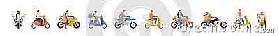 Set of different motorcycle and scooter riders vector flat illustration. Collection of various man, woman and couple Vector Illustration