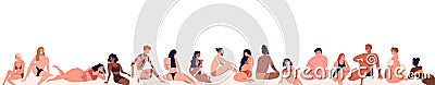 Set of different, multiracial body positive people dressed on beach in beachwear. Various, pregnant, tattoo, dark skin Vector Illustration