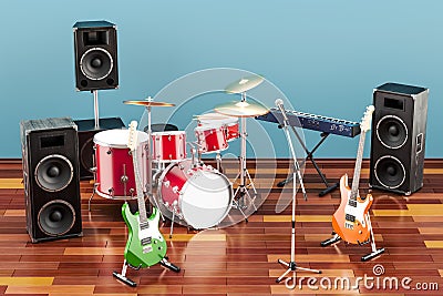 Set of different musical instruments and equipment in room Stock Photo