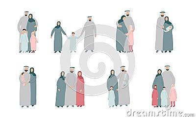 Set of different Muslim families. Arabian parents with kids in traditional islamic clothes. Cartoon vector characters Vector Illustration