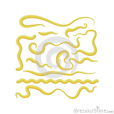 Set of Different Mustard Splashes. French, Bavarian or Dijon Yellow Sauce. 3d Illustration. Fresh Blobs and Drops. Vector Illustration