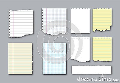 Set of different notebook torn pages and pieces of ripped paper for notes. Vector illustration Vector Illustration