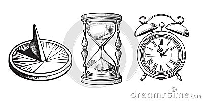 Set of different old clocks. Sundial, Hourglass, Alarm clock. Black and white hand drawn sketch vector. Vector Illustration