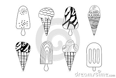 A set of different outline hand-drawn ice creams. Doodle design Vector Illustration