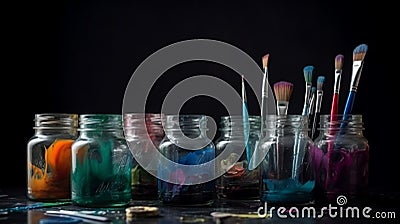 Set of different paint brushes in the glass and set of jars of colored gouache. Concept of painting Stock Photo