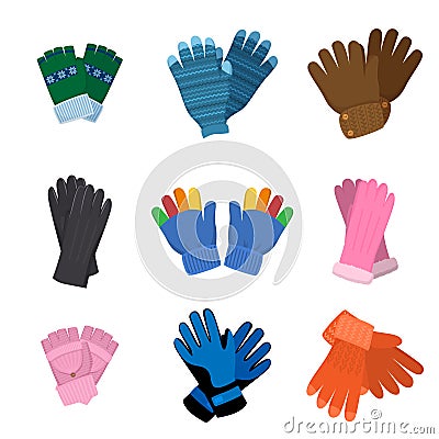 Set of different pairs of colorful gloves for kids or adults Vector Illustration