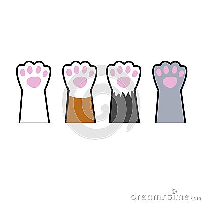 Set of different paw. Cat hands of different colors. White, black, red, grey animal with fur. Vector Illustration