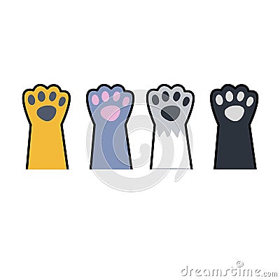 Set of different paw. Cat hands of different colors. White, black, red, grey animal with fur. Vector Illustration