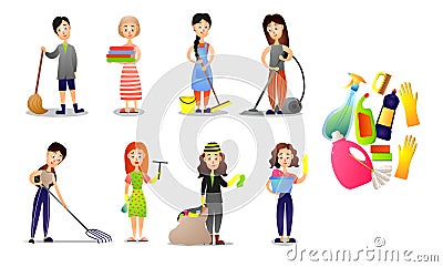 Set of different people make cleaning using house tools Vector Illustration