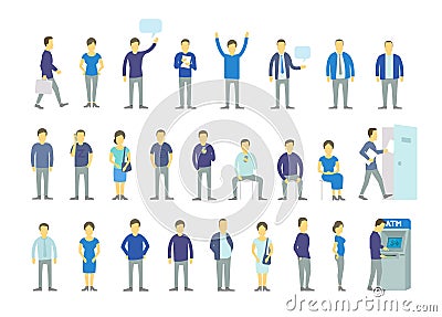 Set different people , queue ATM, turn the door. A group of people, workers team of businessmen in blue clothes. Work Vector Illustration