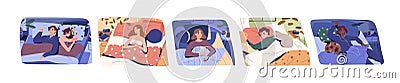 Set of different people sleeping on comfortable bed vector flat illustration. Collection of man, woman, couple and cat Vector Illustration