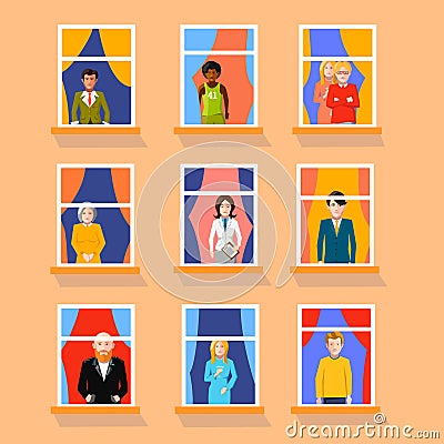 Set of different people in windows staying home on yellow background Vector Illustration