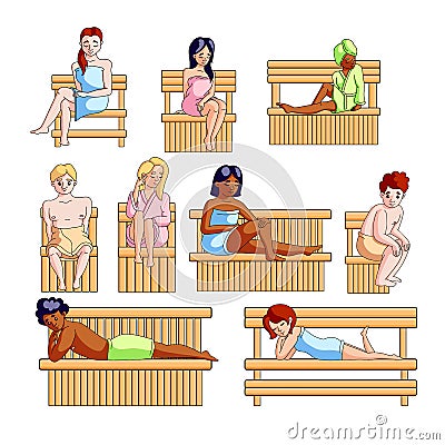 Set of different people, woman and man in wood sauna Vector Illustration