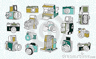 Set of different photo cameras. Hand drawn colorful collection in doodle style. Vector Illustration