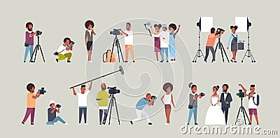 Set different poses photographers and cameramans using cameras african american characters shooting video taking Vector Illustration