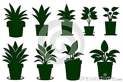 Set different potted houseplants silhouettes. Indoor flowers or plants Vector Illustration