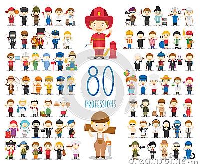 Set of 80 different professions in cartoon style. Vector Illustration