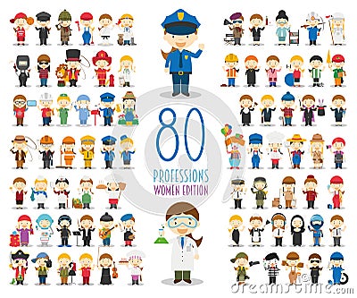 Set of 80 different professions in cartoon style. Women Edition Vector Illustration