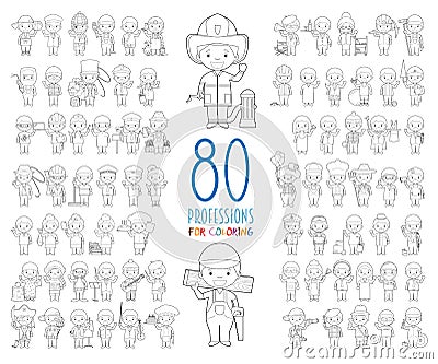 Set of 80 different professions for coloring in cartoon style Vector Illustration