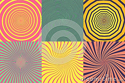 Set of different psychedelic spiral, vortex, twirl. Vector colorful backgrounds collection. Vector Illustration