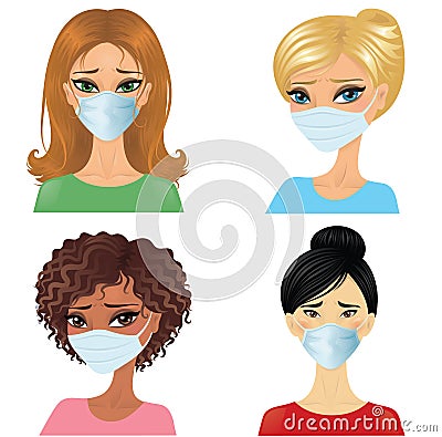 Set of different race women with mask. Vector Illustration
