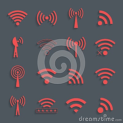 Set of different red vector wifi icons for communication and rem Vector Illustration