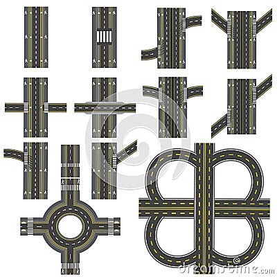 Set of different road sections with a circular dvizheniemi isolation. Transitions, turns and various intersections Vector Illustration