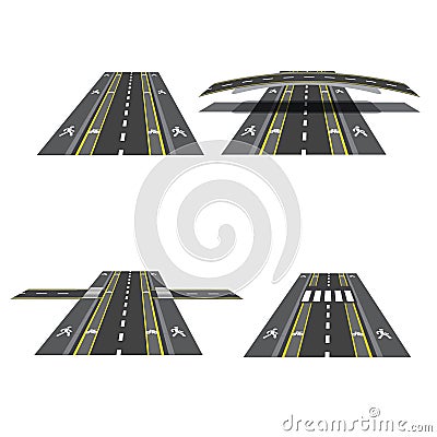 Set of different road sections with peshihodnymi crossings, bicycle paths, sidewalks and intersections. illustration Vector Illustration