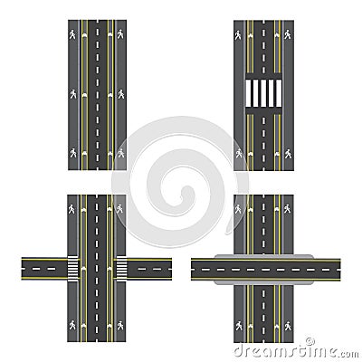 Set of different road sections with transitions, bike paths, sidewalks and intersections. illustration Vector Illustration