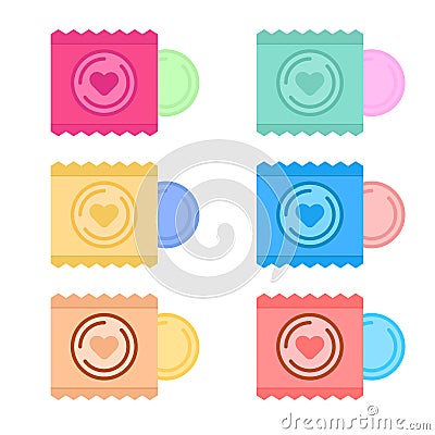 Set of different round condoms and wrappers . Vector illustration Vector Illustration