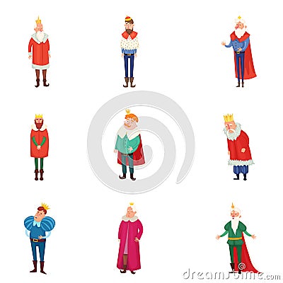 Set of different royal kings in colorful clothes and gold crown Vector Illustration