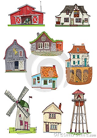 Set of different rural buildings. Vector Illustration