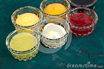 Set of different sauces. Sauces ketchup, mustard, mayonnaise Stock Photo