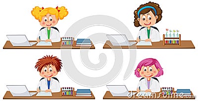 Set of different scientist kids cartoon character Vector Illustration