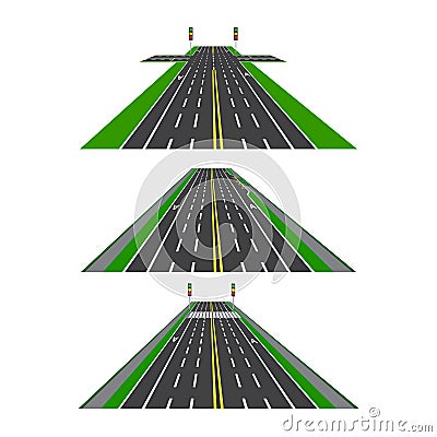 Set of different sections of the road with intersections, bike lanes, sidewalks and intersections. Perspective image Vector Illustration