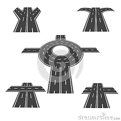 Set of different sections of the road with roundabout intersections, and a variety of different angles in the long term Vector Illustration