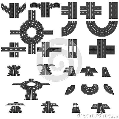 Set of different sections of the road with roundabouts, junctions, bends and various intersections. Top view and Vector Illustration