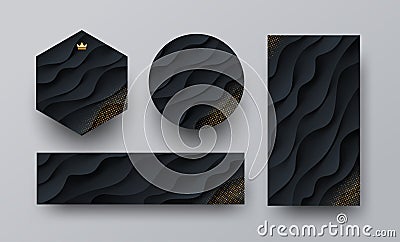 Set of different shape black banners with layered paper effect and golden halftone. Vector Illustration